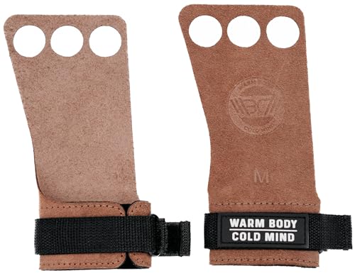 WARM BODY COLD MIND Leder Hand Grips - 3-Loch Handschuhe für Gewichtheben, Gymnastik, Crossfit, Pull Ups, Zughilfen Krafttraining Fitness Bodybuilding, Weightlifting, Gym (Basic, Amber, L) von WARM BODY COLD MIND