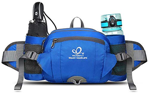 WATERFLY Gürteltasche mit Flaschenhalter, Gurt Verstellt Bauchtasche Hundetraining Handyfach Wasserdicht Hüfttasche für Wandern Reise Camping Blau von WATERFLY