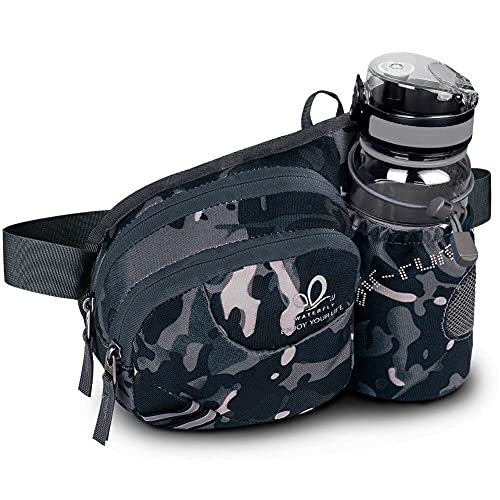 WATERFLY Taille Tasche mit Flaschenhalter Damen und Herren, Atmungsaktiv Hüfttasche mit Reflektorstreifen für Laufen Radfahren Camping Klettern Reisen (Tarnung Schwarz) von WATERFLY