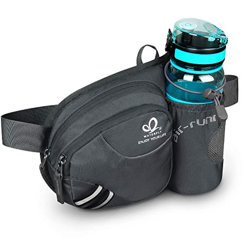 WATERFLY Taille Tasche mit Flaschenhalter Damen und Herren, Atmungsaktiv Hüfttasche mit Reflektorstreifen für Laufen Radfahren Camping Klettern Reisen (Dunkelgrau) von WATERFLY