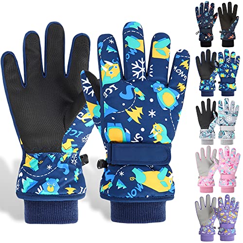 WATMHHJQ Skihandschuhe für Kinder,rutschfest,Wasserdicht Winddicht Cartoon Baumwoll-Handschuhe Vlies,Winter-Handschuhe Fahrradhandschuhe,Warme Handschuhe für Jungen und Mädchen (Blau, L (9-13 Jahre)) von WATMHHJQ