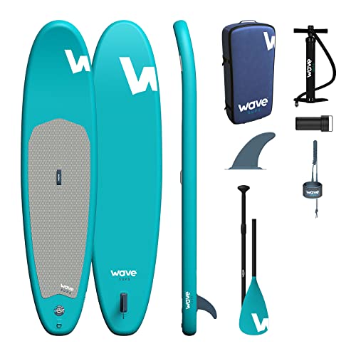 Wave Cruiser SUP-Paket | Premium aufblasbares Stand Up Paddle Board | 15,2 cm dick | inklusive iSUP-Zubehör, Tragetasche, Knöchelleine, Handpumpe | Breite Stance, rutschfestes Deck | 3,4 m Aqua von WAVE