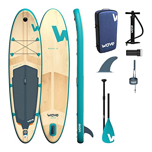 Wave Woody SUP-Paket | Premium aufblasbares Stand Up Paddle Board | 15,2 cm dick | inklusive iSUP Zubehör, Tragetasche, Knöchelleine, Handpumpe | Breite Stange, rutschfestes Deck | 3,4 m Aqua von WAVE