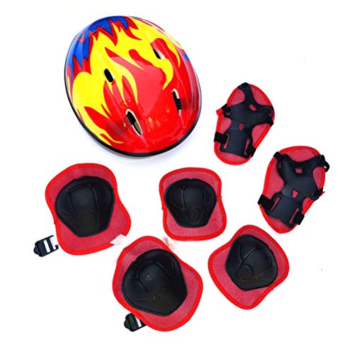 WBTY Kinder-Ellbogenschützer, 7-teiliges Set Kinderschutzausrüstung mit Verstellbarem Helm, Knieschützer, Ellbogenschützer, Handgelenkschoner für Rollschuhe (Rot) von WBTY