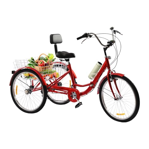 WEIGR 24 Zoll Dreirad für Erwachsene, 7 Gang Dreirad Fahrrad mit Einkaufskorb und Rückenlehne Outdoor-Dreirad für Erwachsene, 3-Rad Erwachsene Dreirad, Senioren Dreirad Faltbares (Rot) von WEIGR