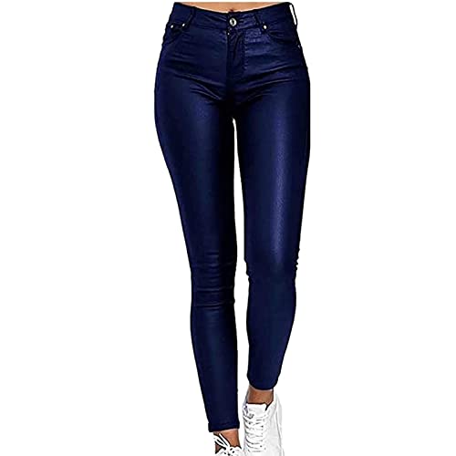 WEITING Damen-Biker-Leggings In Voller Länge, Hohe Taille, Elastische Taille, Mit Kunstleder Beschichtet, Dehnbare Hose Lederhose (Color : Blue, Size : M) von WEITING