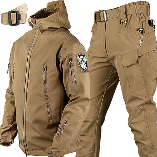 WENNEWU 2025 Neue MilitäRische Softshell AnzüGe, Armee KampfanzüGe, Taktische Jacke Und Hose, Wasserdichter, Winddichter Schneeanzug, Zweiteilig, Leicht Kapuzenpullover,Braun,Size: L von WENNEWU