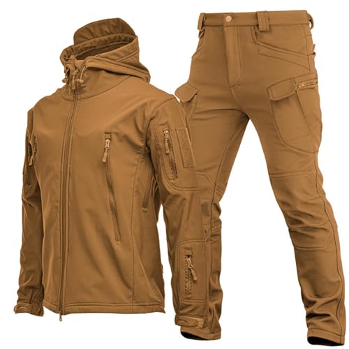 WENNEWU Taktische Jacke Und Hose FüR Herren wasserdichte Tarnuniform Armee KampfanzüGe MilitäRische Softshell AnzüGe Warme Skijacke Mit Kapuze FüR Winter FüR Arbeit Im Freien,Khaki,M von WENNEWU