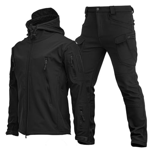 WENNEWU Warme Winterskijacke Mit Kapuze, Set Aus Taktischer Jacke Und Kampfhose, Softshelljacke FüR Herren, Snowboard Skianzug, Wasserdichter, Winddichter Schneeanzug 2 Sets,Black 1,XXL von WENNEWU