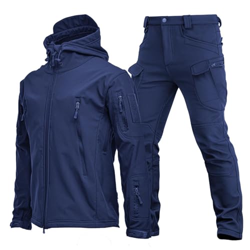 WENNEWU Warme Winterskijacke Mit Kapuze, Set Aus Taktischer Jacke Und Kampfhose, Softshelljacke FüR Herren, Snowboard Skianzug, Wasserdichter, Winddichter Schneeanzug 2 Sets,Blau,3XL von WENNEWU