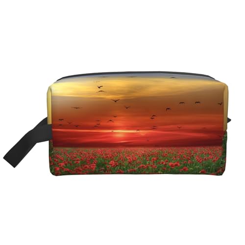 Rotes Mohnblumenfeld im Sonnenuntergang gedruckt, Make-up-Tasche, Kosmetiktasche, tragbare Reise-Kulturtasche, Make-up-Tasche, Organizer von WEVFGHI