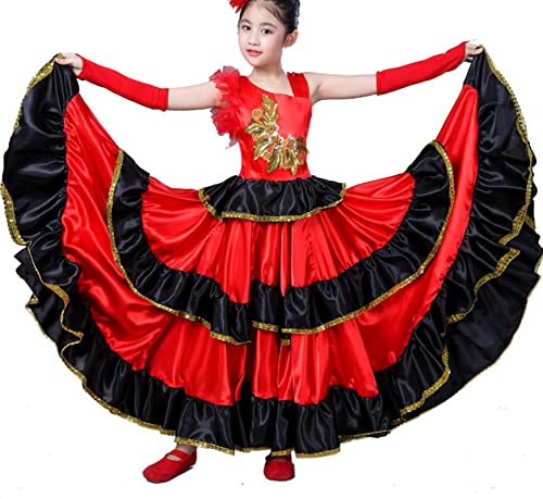 WIINXX Bauchtanz-Rock für Mädchen, spanischer Stierkampf-Tanzrock, langes rotes Flamenco-Kleid für Mädchen, Ballsaal-Rock für Mädchen, Tanzkleider, Kostüme,540°,120 von WIINXX
