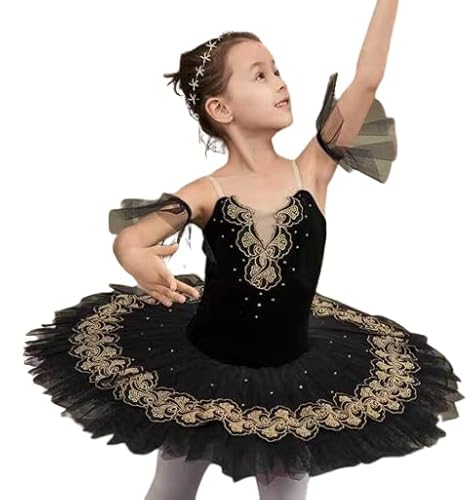 WIINXX Mädchen Kind Professionelles Ballett Tutu Kleid schwarz Schwanensee Pfannkuchen Tutu Ballerina Party Tanzkostüme Ballett Wettbewerb Kleid,Schwarz,150 von WIINXX