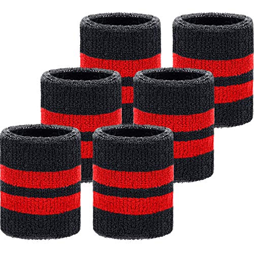 6 Stück Handgelenk-Schweißbänder Sportarmbänder für Fußball, Basketball, Laufen, Athletische Sportarten (schwarz mit roten Streifen) von WILLBOND