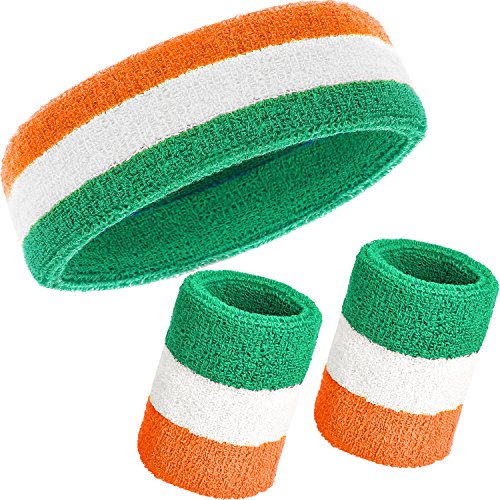 WILLBOND Schweißband-Set, 3-teilig, inkl. Sport-Stirnband und Handgelenk-Schweißbänder aus Baumwolle für sportliche Männer und Frauen, Orange, Weiß und Grün von WILLBOND