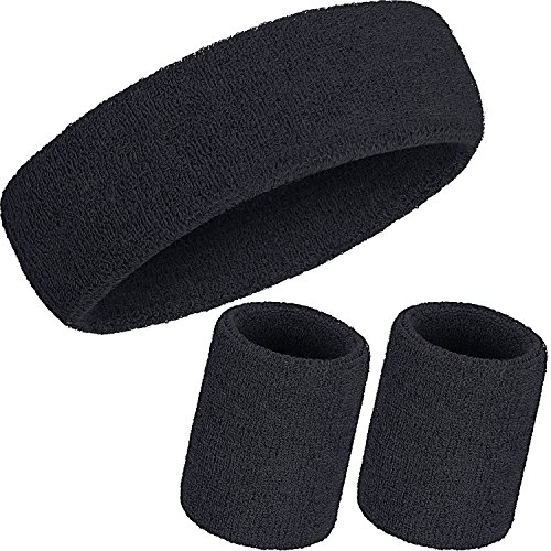 WILLBOND Schweißband-Set, 3-teilig, inkl. Sport-Stirnband und Handgelenk-Schweißbänder aus Baumwolle für sportliche Männer und Frauen, schwarz von WILLBOND