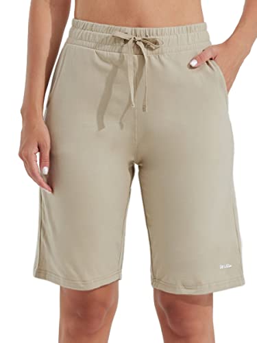 Willit Damen 25,4 cm Baumwolle Lounge Shorts Bermuda Yoga Athletic Sweat Shorts Lang Casual Pyjama Shorts mit Taschen Khaki L von WILLIT