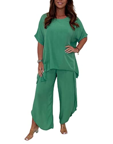 2-teiliger Hosenanzug mit Ärmeln für Frauen,Hosen mit lockeren,fließenden Ärmeln,Plus Size 5XL 2 Piece Solid Color Suit (Green,XXXL) von WINDEHAO