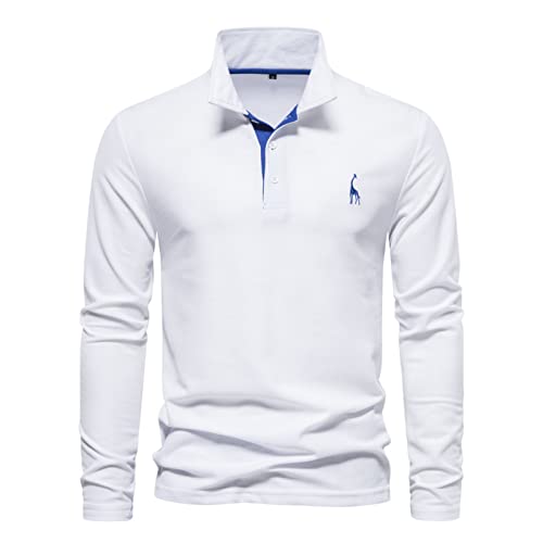 Frühling Herren Langarm-Polo-Shirts, Lässig Bestickt Solide Farbe Tops,Knopf Revers Baumwolle Business Sport Polo T-Shirt (White,S) von WINDEHAO