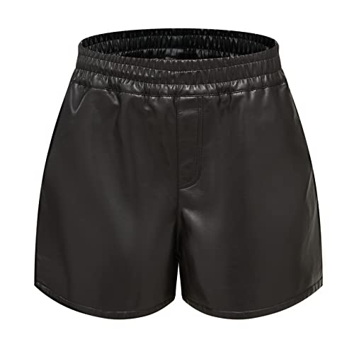 Übergröße 3XL Damen Hohe Taille Sexy Kunstleder-Shorts, Taschen Weite Bein-Shorts, lässige Baggy-PU-Leder-Shorts (schwarz, XL) von WINDEHAO