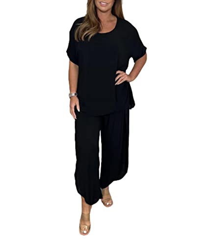 WINDEHAO 2-teiliger Hosenanzug mit Ärmeln für Frauen,Hosen mit lockeren,fließenden Ärmeln,Plus Size 5XL 2 Piece Solid Color Suit (Black,L) von WINDEHAO
