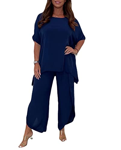 WINDEHAO 2-teiliger Hosenanzug mit Ärmeln für Frauen,Hosen mit lockeren,fließenden Ärmeln,Plus Size 5XL 2 Piece Solid Color Suit (Dark Blue,XXL) von WINDEHAO