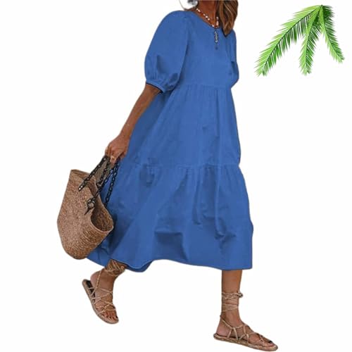 WINDEHAO Damen Baumwolle und Leinen Kleid 2024 Frauen Casual Bohemian Strand Langes Kleid Rundhals Vintage Sommerkleid Sommerkleid, blau, XXXXXL von WINDEHAO