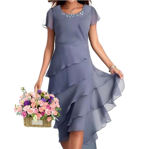 WINDEHAO Gestuftes Hochzeitsgästekleider für Damen, gestuftes Chiffon-Maxikleid, gestuftes Rüschen-Cocktailkleid, Übergröße, gestuftes Kleid mit Perlen, blau, L von WINDEHAO
