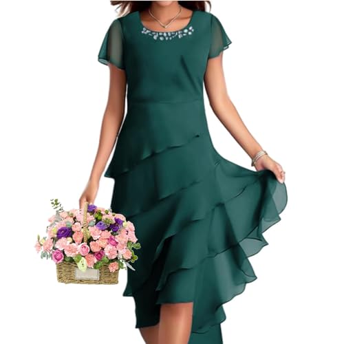 WINDEHAO Gestuftes Hochzeitsgästekleider für Damen, gestuftes Chiffon-Maxikleid, gestuftes Rüschen-Cocktailkleid, Übergröße, gestuftes Kleid mit Perlen, grün, L von WINDEHAO