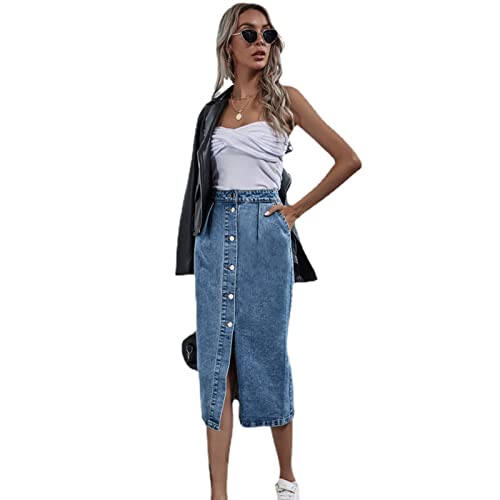 WINDEHAO Sommer Damen Jeansrock mit hoher Taille,Mode knielanger Jeansrock,mittellanger einreihiger Denim-Paket Hüftrock (Blau, S) von WINDEHAO