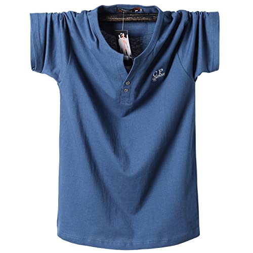 WINDEHAO Sommer Herren Übergröße 8XL T-Shirt Übergröße Big Fat Sport Pullover Einfarbig Kurzarm Baumwolle V-Ausschnitt Shirt (Blau, 6XL) von WINDEHAO