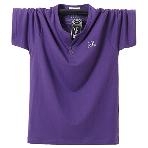 WINDEHAO Sommer Herren Übergröße 8XL T-Shirt Übergröße Big Fat Sport Pullover Einfarbig Kurzarm Baumwolle V-Ausschnitt Shirt (Lila, 8XL) von WINDEHAO