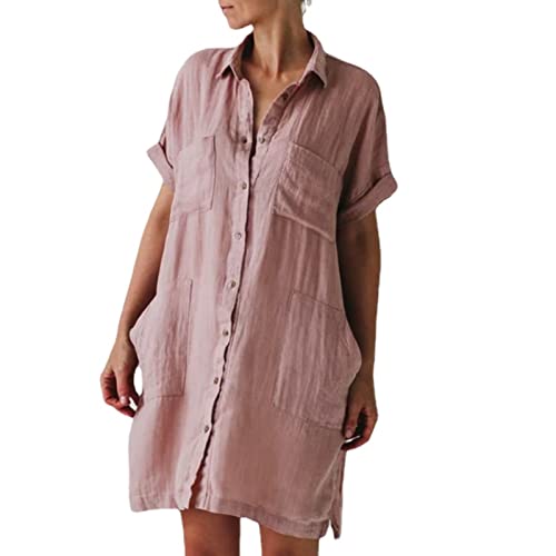 WINDEHAO Sommer S-5XL Damen Baumwolle Leinen Hemdkleid, Kurzarm Unregelmäßiges Taschenkleid, Damen Casual Knielang Kleid (Rosa, S) von WINDEHAO
