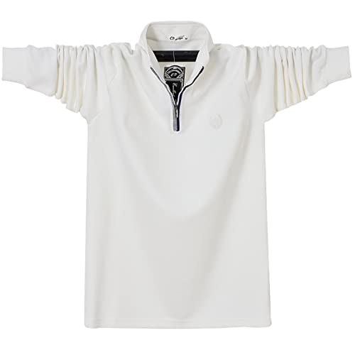 WINDEHAO Übergröße M-6XL Herren Langarm Poloshirt, Business Casual Baumwolle T-Shirt, Reißverschluss Stehkragen Pullover Sweatshirt (weiß, 5XL) von WINDEHAO