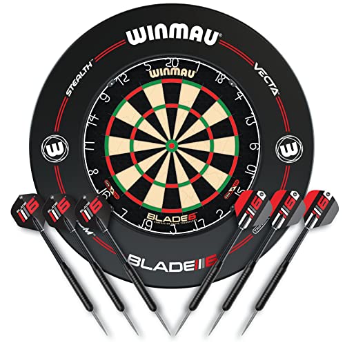 WINMAU Blade 6 Professionelle Bristle Klassische Dartscheibe with Surround und Darts Set (2 Sätze Darts) von WINMAU