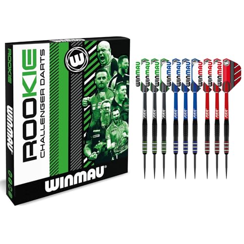 WINMAU Rookie Multi Brass Darts-Set in Rot, Blau und Grün mit Flights, Schäften (Stiele) und exklusivem Dart-Broschüre von WINMAU