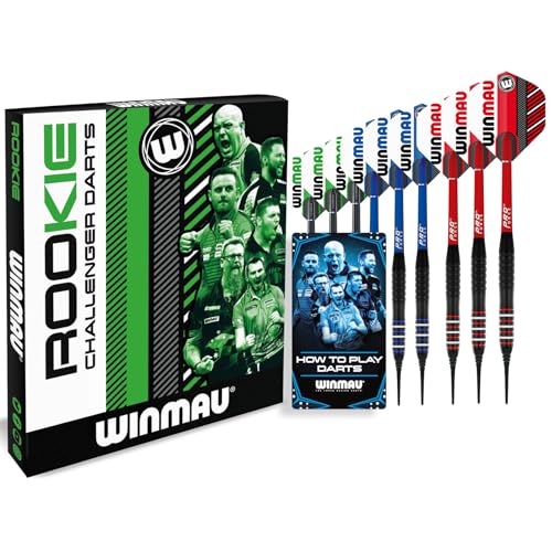 WINMAU Rookie Multi Brass Softip 18g Darts-Set in Rot, Blau und Grün mit Flights, Schäften (Stiele) und exklusivem Dart-Broschüre von WINMAU