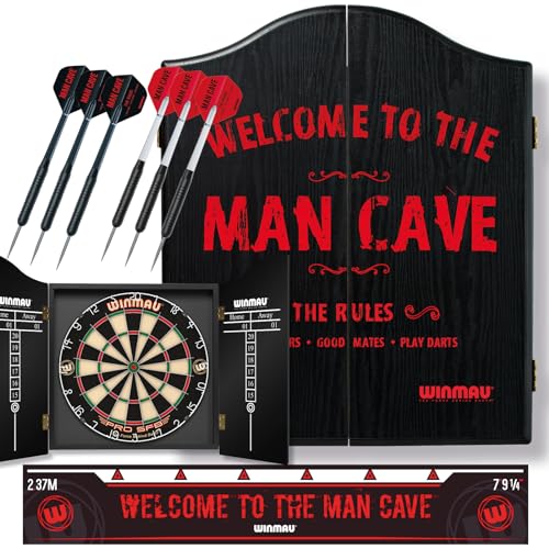 Winmau Man Cave Dartboard-Geschenkset mit Dartboard, Dartschränkchen, Pfeilen und Abwurflinie von WINMAU