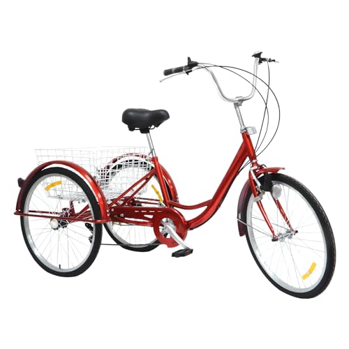 WINPANG 24“ Dreirad für Erwachsene, lenkerverstellbares Dreirad mit Kettenschaltung, Räder mit Schutzblechen für Erwachsene Männer, Frauen und Senioren, rot von WINPANG