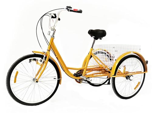 WINPANG 24 Zoll Dreirad für Erwachsene, 6 verstellbare Gänge, Dreirad mit reflektierenden Sicherheitsstreifen, rutschfeste Pedale, rutschfeste, Abriebfeste Räder für Jungen/Mädchen, gelb von WINPANG