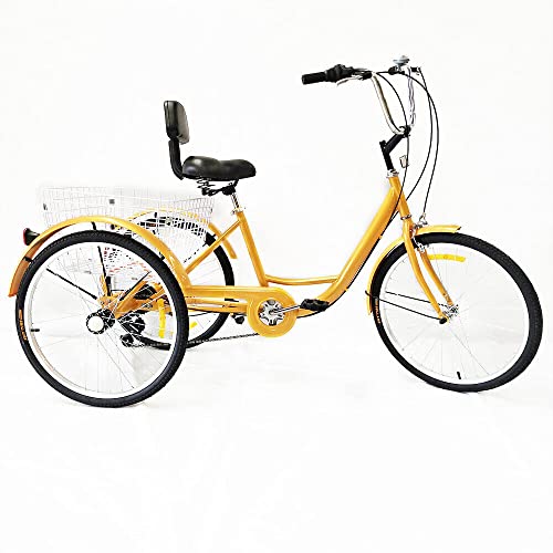 WINPANG Handbetriebenes Dreirad Typ 24, große Reifen, ergonomisches Weichpolster und Rückenlehne, höhenverstellbares Polster, Erwachsenendreirad mit Schutzblech, gelb von WINPANG