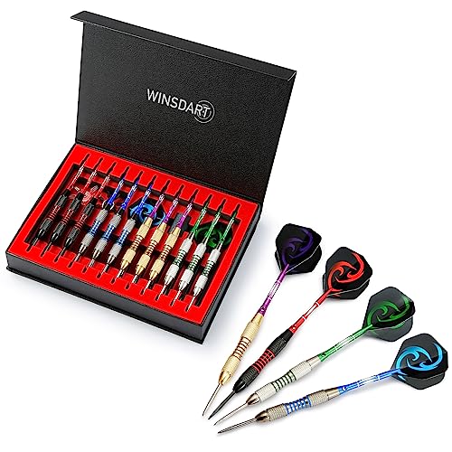 WINSDART Dartpfeile mit Metallspitzen-Set, professionelle Metallpfeile für Dartscheibe, Stahlspitze, Dartpfeile mit rutschfestem Eisenfass, Aluminium-Dartschäften, Dartschärfer, Geschenkbox von WINSDART