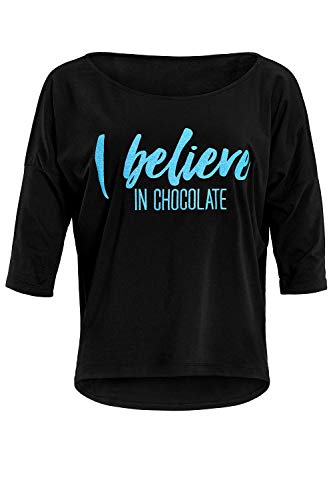 Winshape Damen Ultra leichtes Modal-3/4-Arm Shirt MCS001 mit neon blauem „I Believe in Chocolate” Glitzer-Aufdruck, Dance Style, Fitness Freizeit Sport Yoga Workout von WINSHAPE