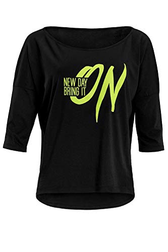 Winshape Damen Ultra leichtes Modal-3/4-Arm Shirt MCS001 mit neon gelbem „New Day Bring it on” Glitzer-Aufdruck, Dance Style, Schwarz-neon-Geld-Glitzer, L von WINSHAPE