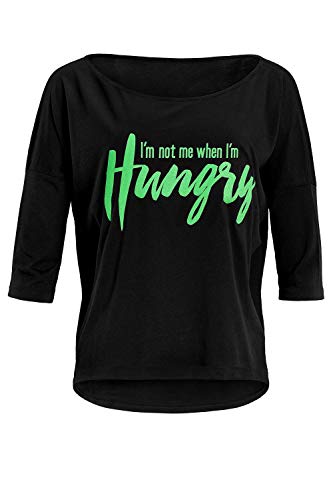 Winshape Damen Ultra leichtes Modal-3/4-Arm Shirt MCS001 mit neon grünem „I am not me When I am Hungry” Glitzer-Aufdruck, Dance Style, Fitness Freizeit Sport Yoga, Schwarz-neon-grün-Glitzer, XXL von WINSHAPE