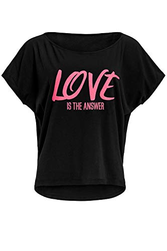 Winshape Damen Ultra leichtes Modal-Kurzarmshirt MCT002 mit neon pinkem „Love is The Answer” Glitzer-Aufdruck, Dance Style von WINSHAPE
