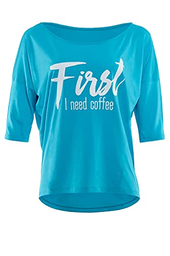 WINSHAPE Damen Ultra Leichtes Modal-3/4-arm Mcs001 Mit Weißem „first Need Coffee” Glitzer-aufdruck T-Shirt, Sky-blue-weiss, XS EU von WINSHAPE