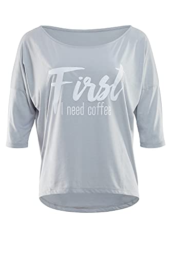 WINSHAPE Damen Ultra Leichtes Modal-3/4-arm Mcs001 Mit Weißem „first Need Coffee” Glitzer-aufdruck T-Shirt, Cool-grey-weiss, L EU von WINSHAPE