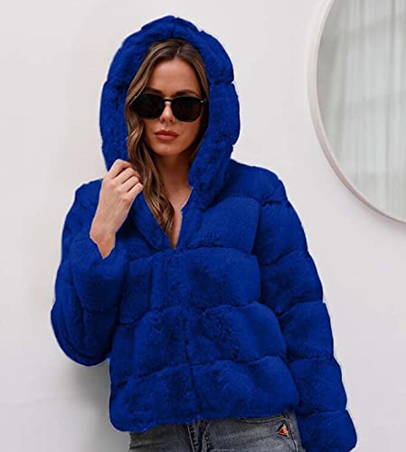 Frauen Kurze Kunstpelz Mantel, solide Farbe lose horizontale Zauber Mantel mit Kapuze Kunstpelz Herbst und Winter warmen Mantel,Blau,M von WLDOCA