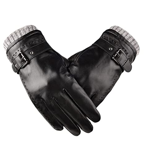Winter Echtes Schafsleder Handschuhe für Männer, Warm Touchscreen Texting Kaschmir gefüttert Fahren Motorrad Handschuhe,Schwarz,L von WLDOCA